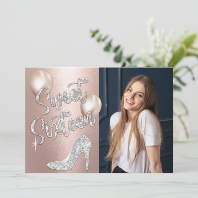 Sweet 16 Elegant Rose Gold & Silver Photo Birthday Invitation (Standing Front)