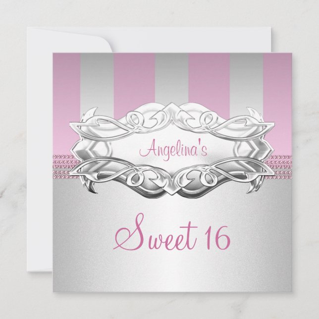 Sweet 16 Elegant White Pink Stripe Birthday Invitation (Front)