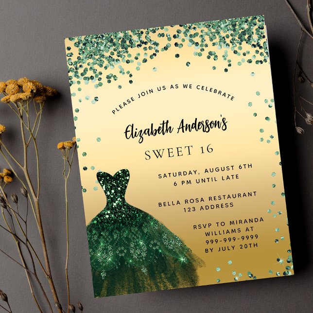Sweet 16 emerald green dress elegant party invitation postcard (Creator Uploaded)