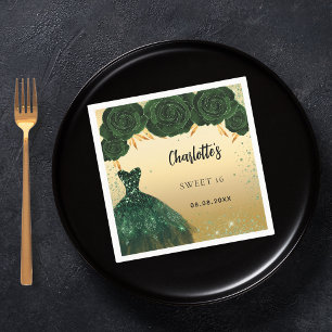 Sweet 16 emerald green dress flowers gold party napkin