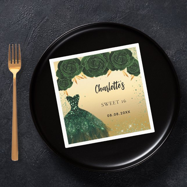 Sweet 16 emerald green dress flowers gold party napkin (Creator Uploaded)