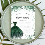 Sweet 16 emerald green dress glitter glamourous invitation<br><div class="desc">A modern,  stylish and glamourous invitation for a Sweet 16,  16th birthday party. On the front: A white background with green sparkles,  an emerald green dress. The name is written with a modern hand lettered style script.  Personalise and add your party details.</div>