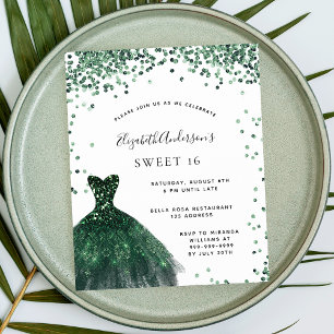 Sweet 16 emerald green dress glitter glamourous invitation postcard