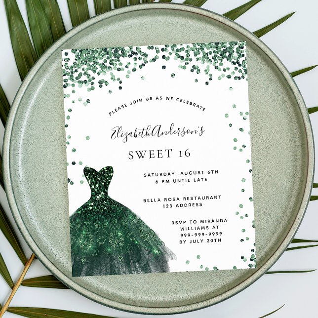 Sweet 16 emerald green dress glitter glamourous invitation postcard (Creator Uploaded)