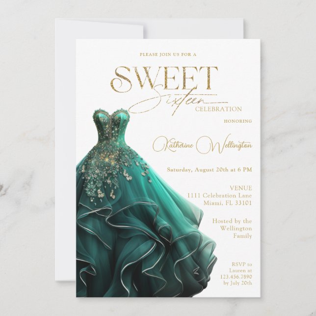 Sweet 16 Emerald Green Dress Gold Invitation (Front)