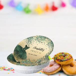 Sweet 16 emerald green dress gold paper plate