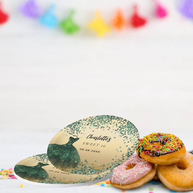 Sweet 16 emerald green dress gold paper plate (Creator Uploaded)