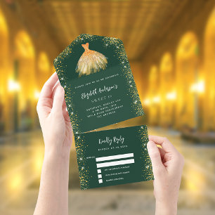 Sweet 16 emerald green gold dress glitter RSVP All In One Invitation