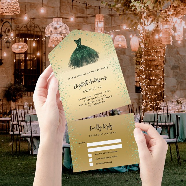 Sweet 16 emerald green gold dress glitter RSVP All In One Invitation (Creator Uploaded)
