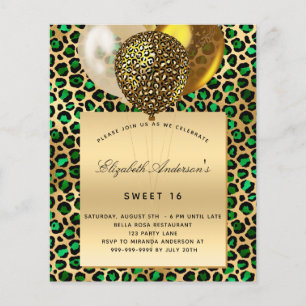 Sweet 16 emerald green leopard gold balloon budget flyer