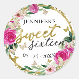 Sweet 16 Emerald Hot Pink Gold Floral Butterfly Classic Round Sticker