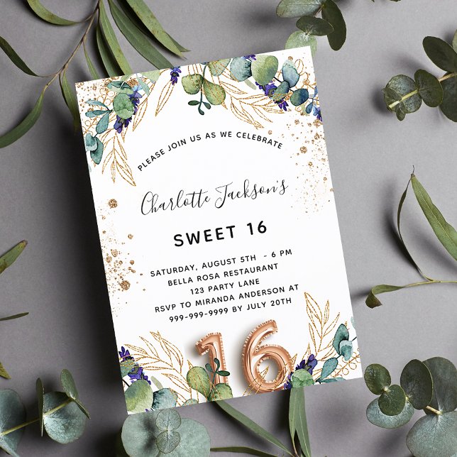 Sweet 16 eucalyptus greenery glitter elegant 16th invitation (Creator Uploaded)