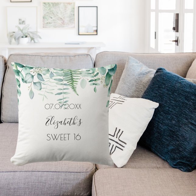 Sweet 16 eucalyptus greenery name elegant cushion (Creator Uploaded)