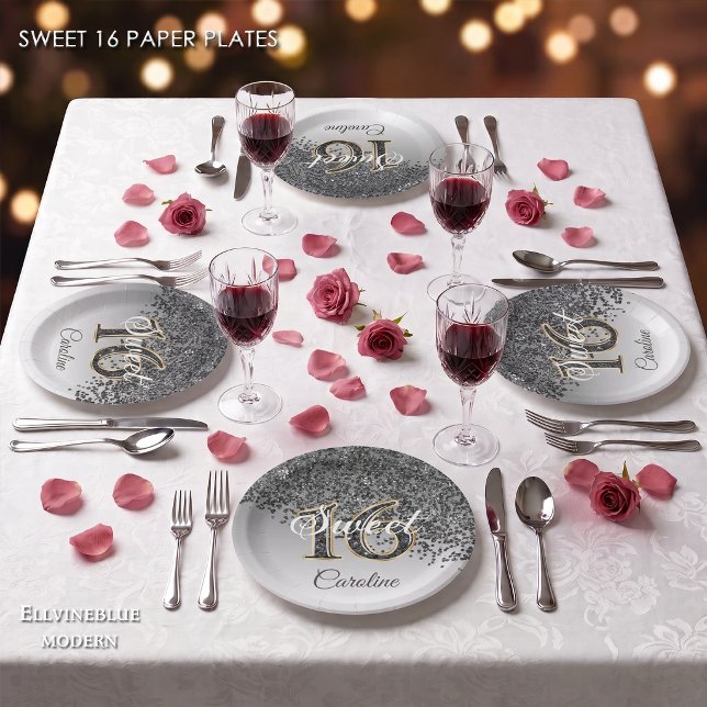 Sweet 16 Falling Black Glitter & Monogram Paper Plate (Sweet 16 black glitter celebration! 7” round paper plates. Visit the Noir Fragrance Collection!)