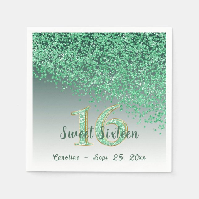 Sweet 16 Falling Green Glitter & Monogram Napkin (Front)