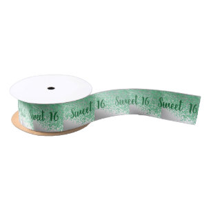 Sweet 16 Falling Green Glitter on Shiny Silver Satin Ribbon