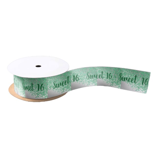 Sweet 16 Falling Green Glitter on Shiny Silver Satin Ribbon (Spool)