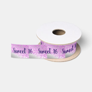 Sweet 16 Falling Pink Glitter on Shiny Silver Satin Ribbon