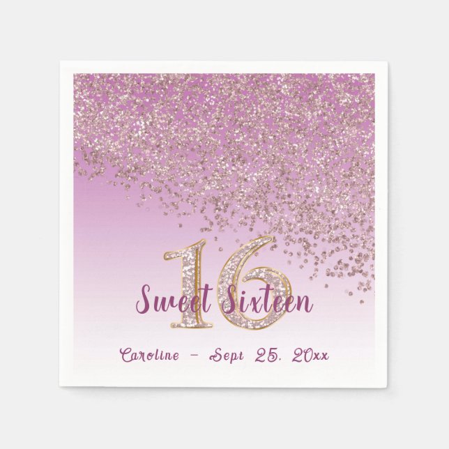 Sweet 16 Falling Rose Gold Glitter & Monogram Napkin (Front)