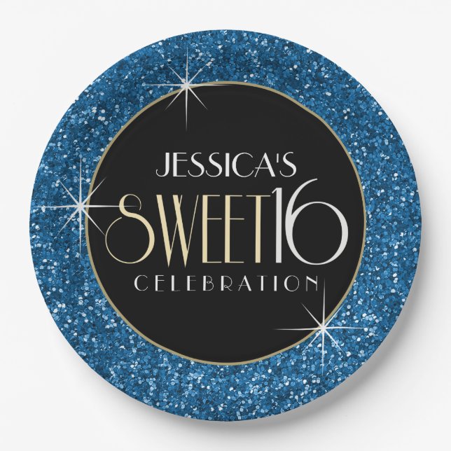 Sweet 16 Faux Blue Glitter Paper Plate (Front)