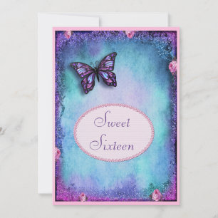 Sweet 16 Faux Glitter, Butterfly, Roses & Lace Invitation