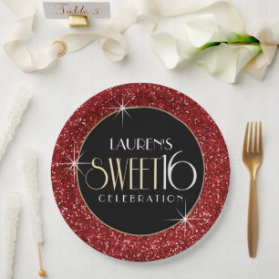 Sweet 16 Faux Red Glitter Paper Plate