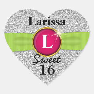 Sweet 16 Faux Ribbon Jewel Silver Glitter Heart Sticker