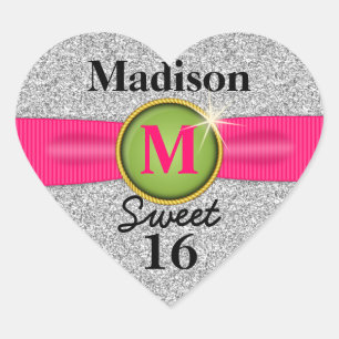 Sweet 16 Faux Ribbon Jewel Silver Glitter Heart Sticker