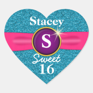 Sweet 16 Faux Ribbon Jewel Turquoise Glitter Heart Heart Sticker