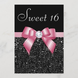 Sweet 16 Faux Sequins Diamonds Bow Black Pink Invitation