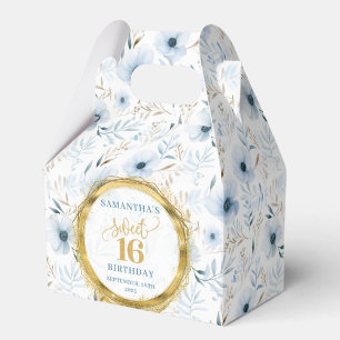 Sweet 16 Favor Box Dusty Blue Floral Gold Glitter