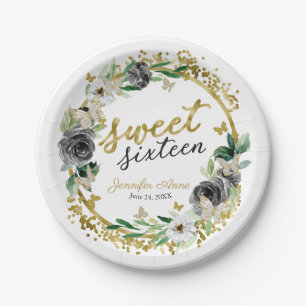 Sweet 16 Floral Black Gold Butterfly Paper Plates