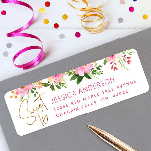 Sweet 16 Floral Blush Pink and Gold Return Address Label