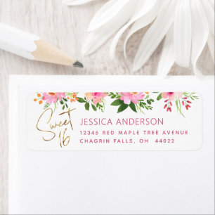 Sweet 16 Floral Blush Pink and Gold Return Address Label