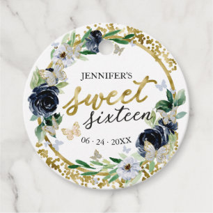 Sweet 16 Floral Butterfly Navy Blue Gold Favour Tags