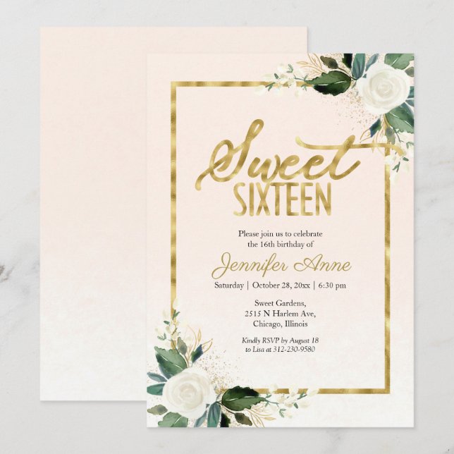 Sweet 16 Floral Delicate White Blush Floral Invitation (Front/Back)