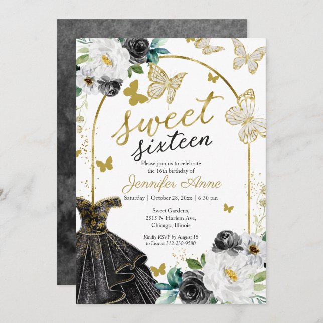 Sweet 16 Floral Dress Butterfly Black Gold Invitation (Front/Back)