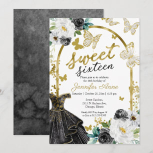 Sweet 16 Floral Dress Butterfly Black Gold Invitation
