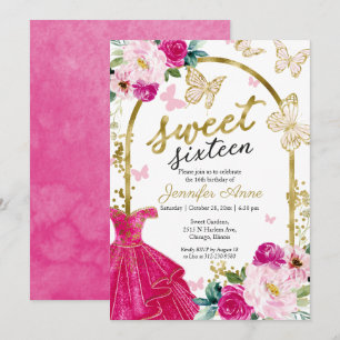 Sweet 16 Floral Dress Butterfly Hot Pink Gold Invitation