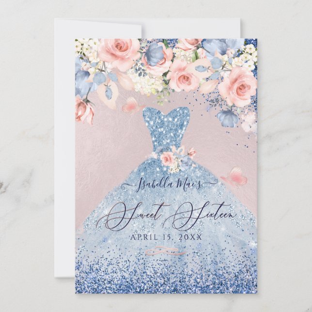 Sweet 16 Floral Dusty Blue Glitter Gown Invitation (Front)