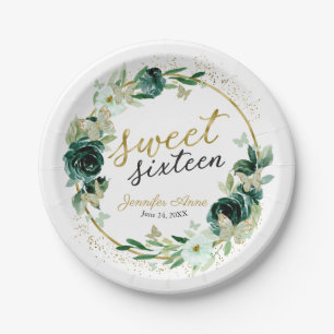 Sweet 16 Floral Emerald Green Butterfly Paper Plate