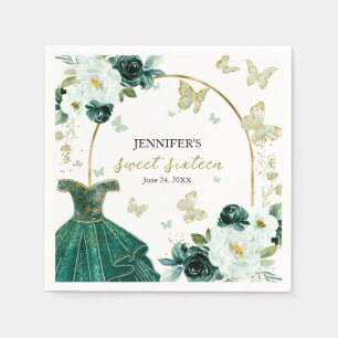 Sweet 16 Floral Emerald Green Dress Butterfly Napkin
