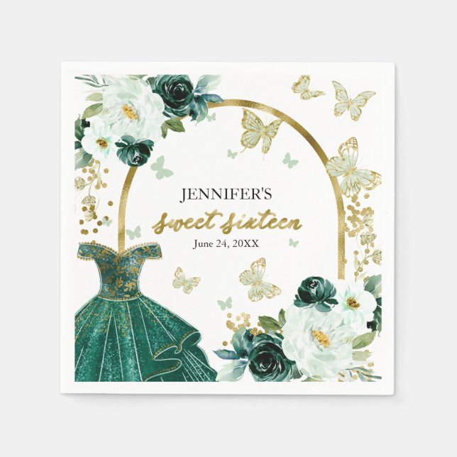 Sweet 16 Floral Emerald Green Dress Butterfly Napkin (Front)