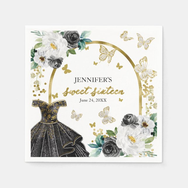 Sweet 16 Floral Gold Black Dress Butterfly Napkin (Front)