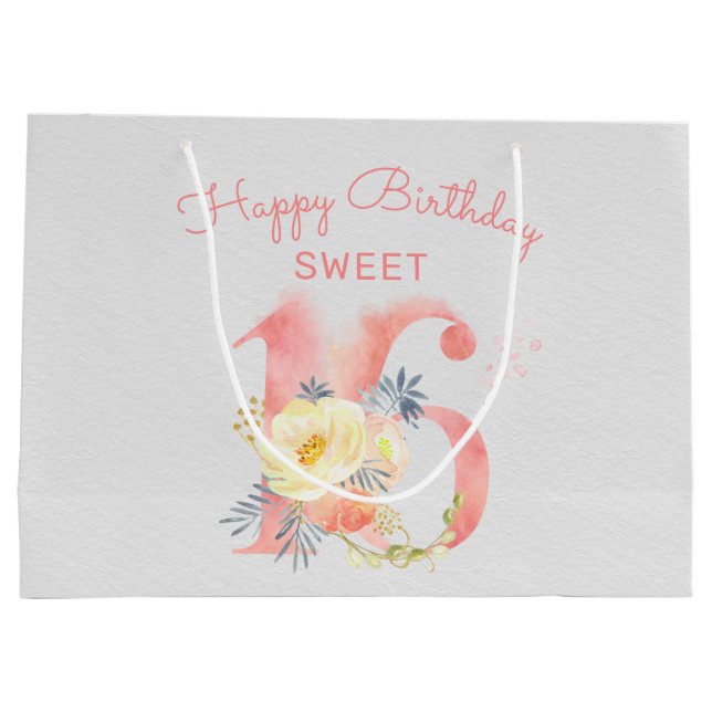 Sweet 16 Floral Number Large 16th Birthday Large Gift Bag (Back)