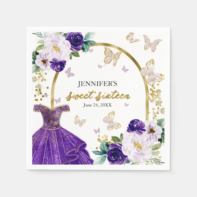 Sweet 16 Floral Purple Dress Butterfly Napkins (Front)