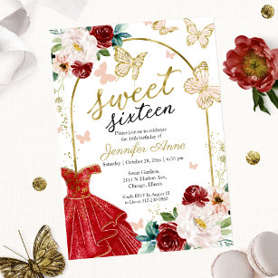 Sweet 16 Floral Red Dress Butterfly Invitation