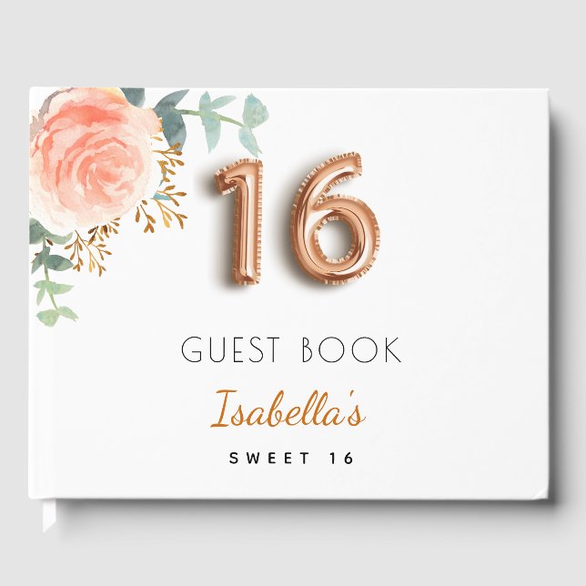 Sweet 16 floral rose gold eucalyptus monogram guest book (Front)