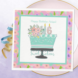 Sweet 16 Flowers and Cake Paper Napkin
