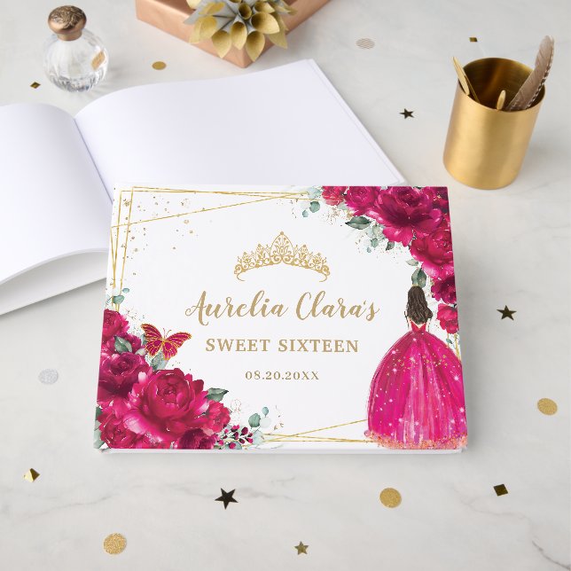 Sweet 16 Fuchsia Hot Pink Floral Flowers Princess  Guest Book (Front Open)